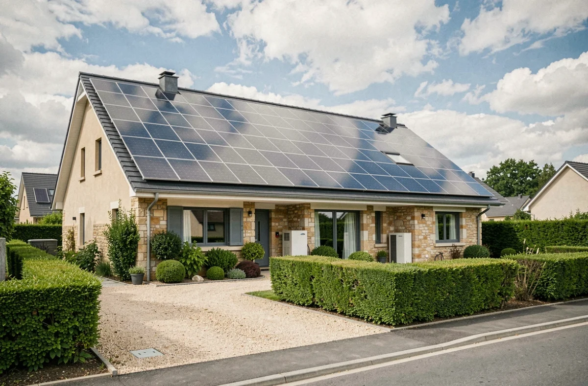 Vue extérieure d'une maison individuelle avec toiture entièrement couverte de panneaux solaires hybrides et pompe à chaleur