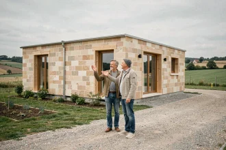 Couple devant une maison Mikit en zone rurale française avec jardin et champs en arrière-plan