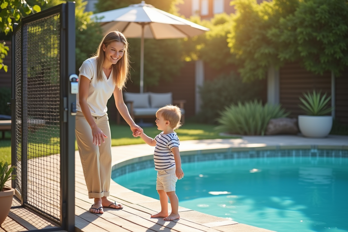 Maman expliquant la sécurité piscine à son enfant