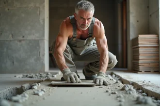 Maçon appliquant la chape maigre sur un sol brut