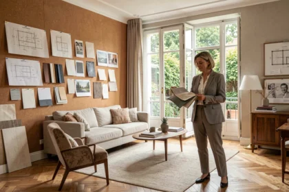 Décoratrice d'intérieur professionnelle dans un appartement rénové du Val-de-Marne entourée d'échantillons et de planches d'inspiration