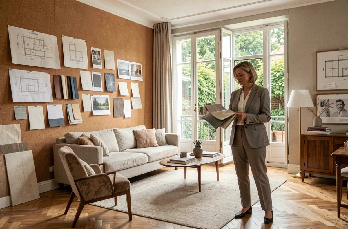 Décoratrice d'intérieur professionnelle dans un appartement rénové du Val-de-Marne entourée d'échantillons et de planches d'inspiration