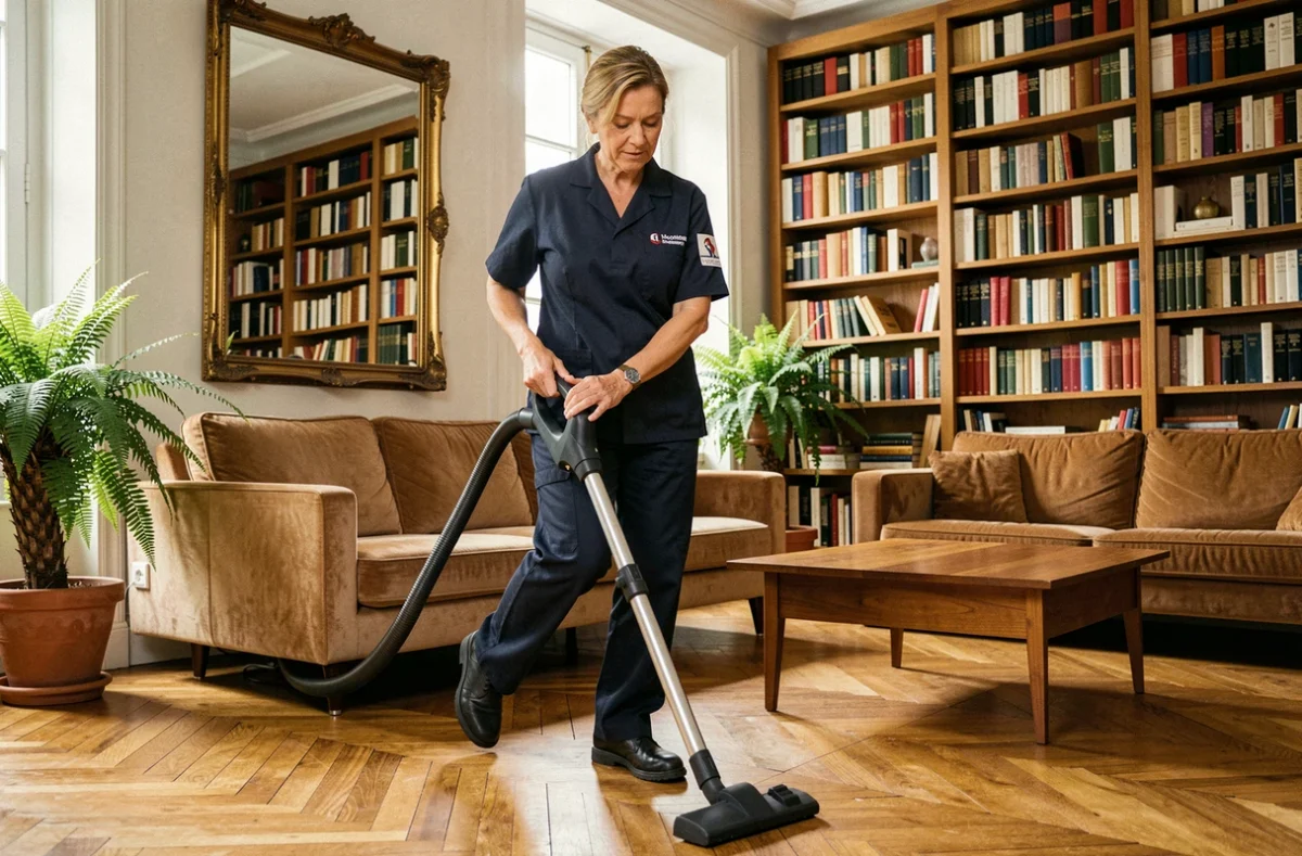 Femme de ménage passant l'aspirateur dans un grand salon parisien style haussmannien