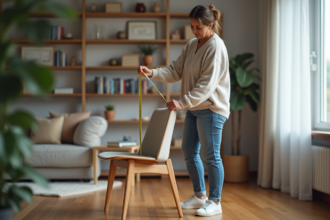 Femme mesurant la hauteur d'une chaise en bois moderne