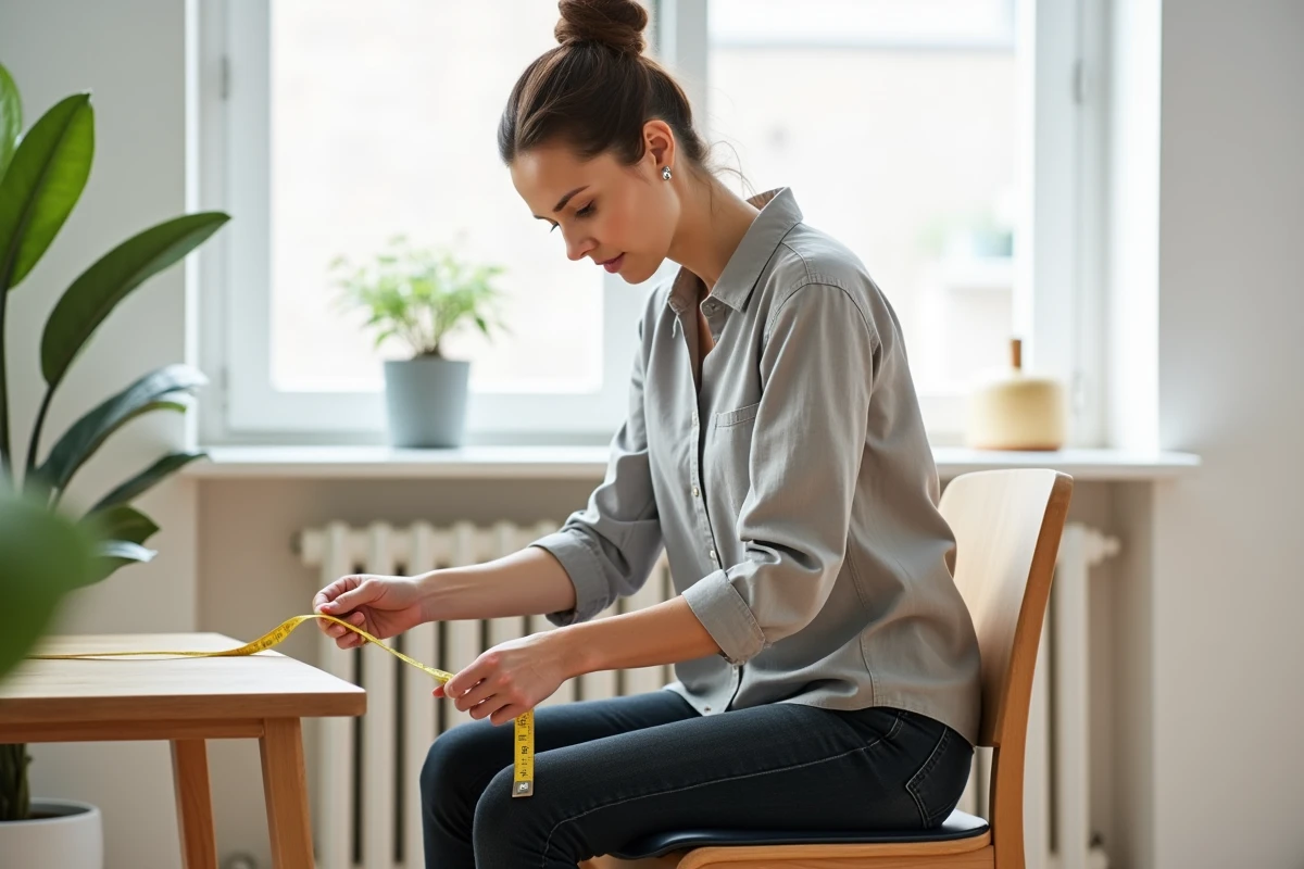 Femme mesurant la hauteur d'une chaise en bois avec un mètre ruban pour vérifier les dimensions standard avant achat