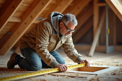 Artisan mesurant l'ouverture d'une fenêtre de toit VELUX avec un mètre ruban dans un grenier en cours de rénovation