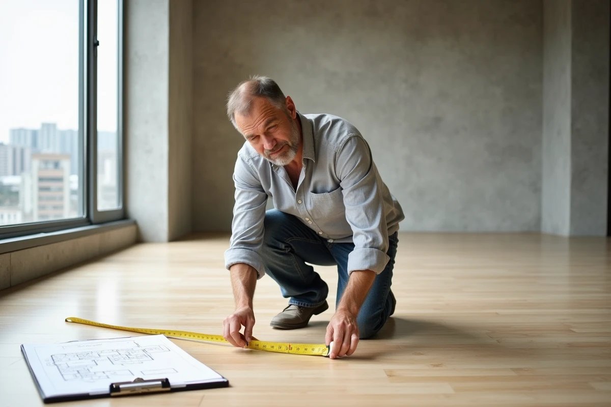 Architecte mesurant la superficie d'un appartement vide avec un mètre ruban, entouré de plans sur papier millimétré