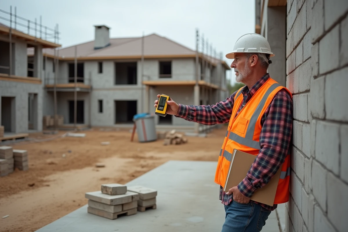 Contremaître mesurant une surface de chantier avec un télémètre laser sur une dalle en béton brut
