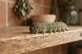 Gros plan d'une mini chenille rampant sur une étagère en bois dans une cuisine, signe d'infestation à surveiller