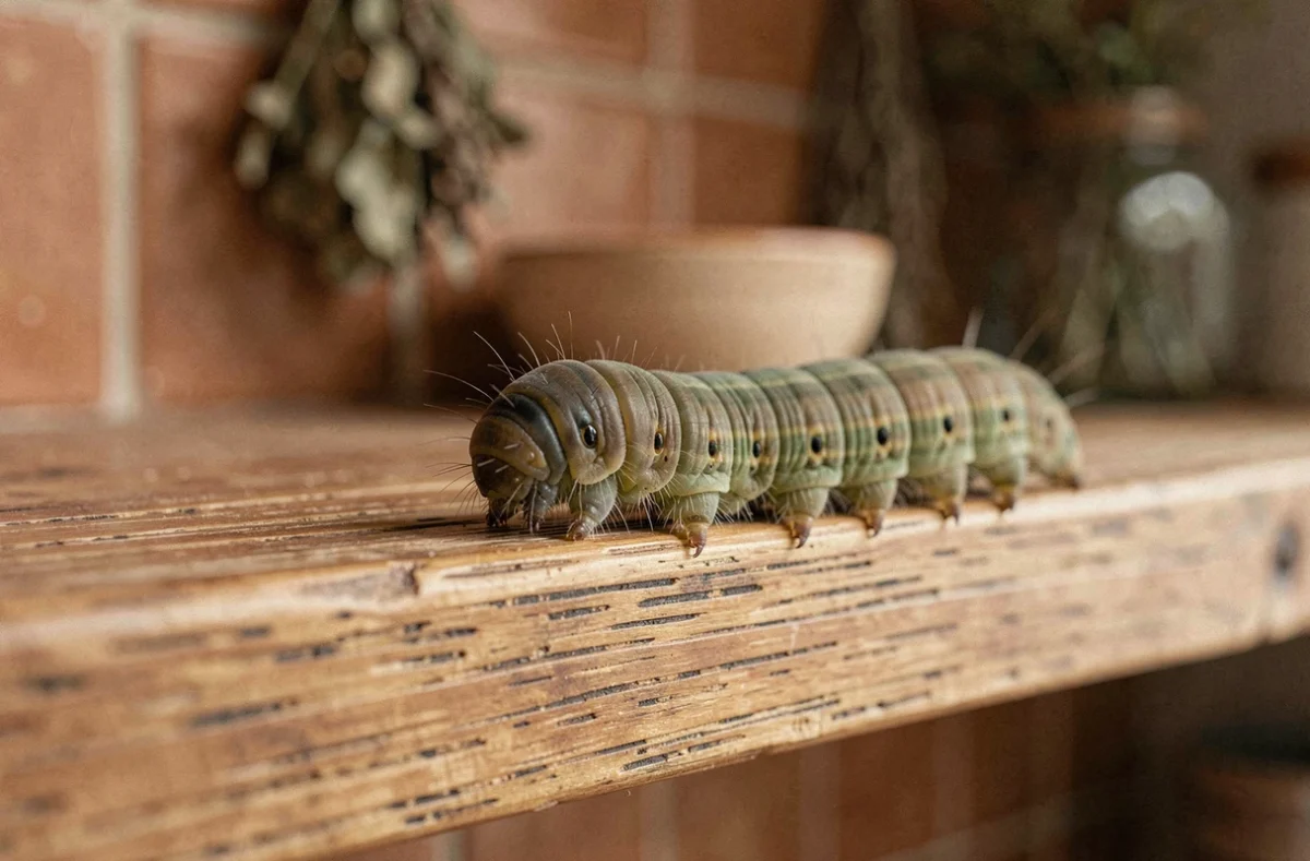 Gros plan d'une mini chenille rampant sur une étagère en bois dans une cuisine, signe d'infestation à surveiller