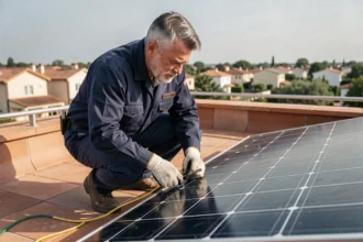 Électricien inspectant le câble de mise à la terre d'un panneau solaire plug and play sur une terrasse de maison