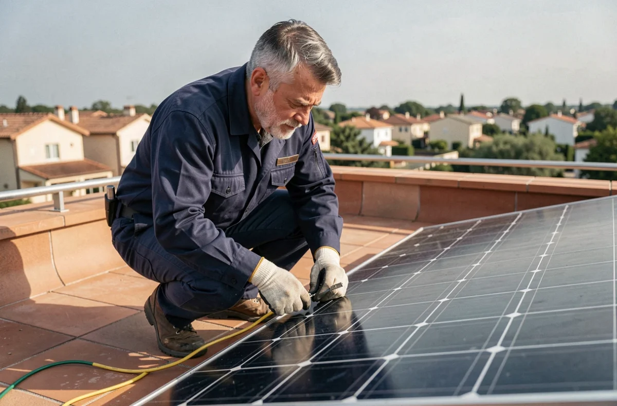 Électricien inspectant le câble de mise à la terre d'un panneau solaire plug and play sur une terrasse de maison