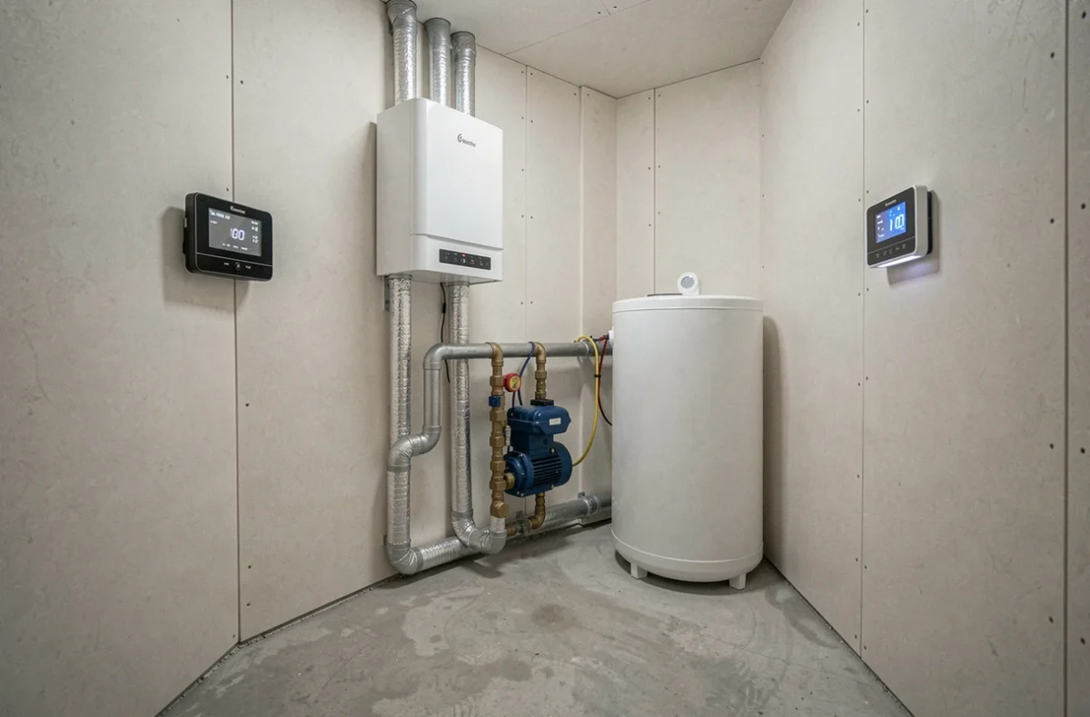 Module hydraulique intérieur d'une pompe à chaleur air eau installé dans une chaufferie de maison moderne