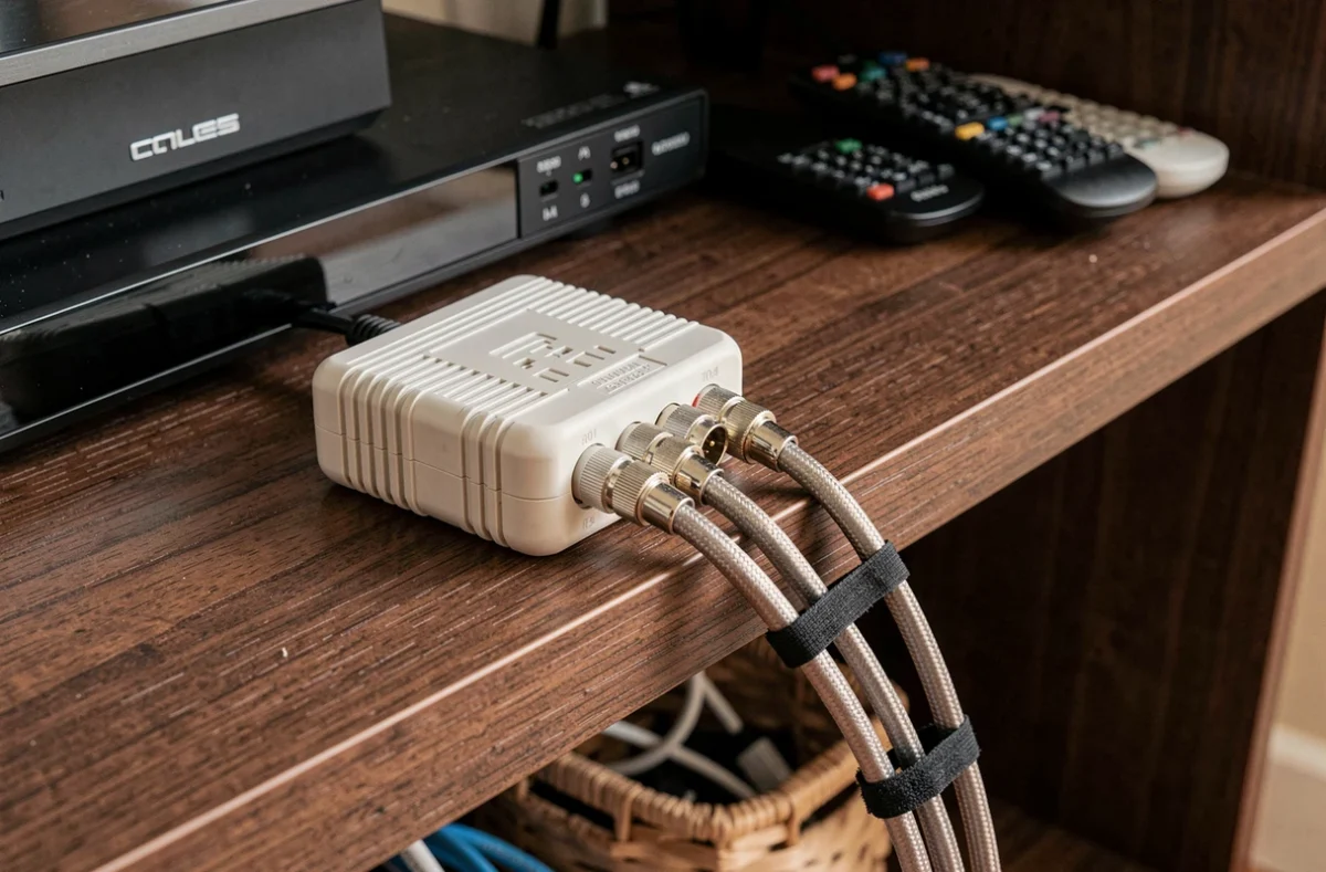 Multiprise antenne coaxiale avec câbles organisés sur une étagère de meuble TV en bois