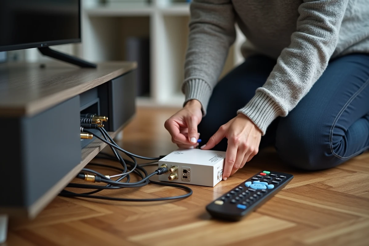 Femme connectant plusieurs câbles coaxiaux sur une multiprise TV dans un appartement contemporain