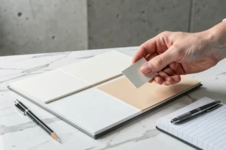 Nuancier RAL 9016 blanc signalisation ouvert sur une surface en marbre blanc avec une main tenant une puce de couleur mate, comparaison finitions mat et brillant