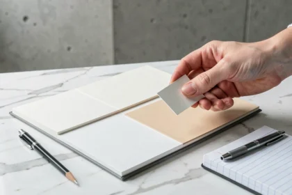 Nuancier RAL 9016 blanc signalisation ouvert sur une surface en marbre blanc avec une main tenant une puce de couleur mate, comparaison finitions mat et brillant