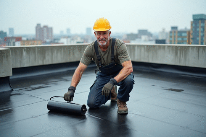 Ouvrier appliquant une membrane d'étanchéité sur un toit moderne
