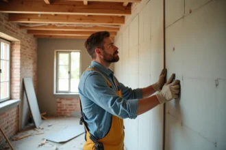 Ouvrier appliquant une plaque d'isolation thermique sur un mur