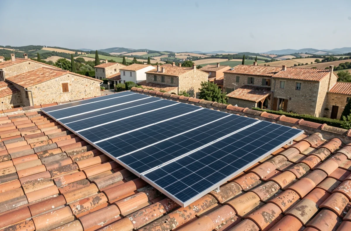 Panneaux solaires photovoltaïques installés sur un toit de maison individuelle dans un village provençal