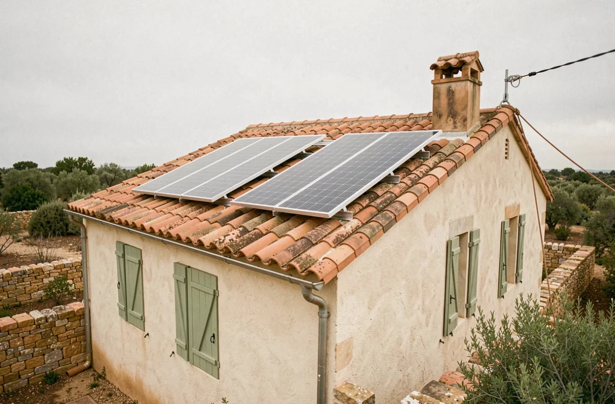 Panneaux solaires installés sur la toiture en tuile canal d'une maison de campagne française
