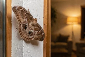 Papillon de nuit posé sur un mur blanc intérieur près d'une fenêtre en bois, ailes déployées révélant des motifs détaillés