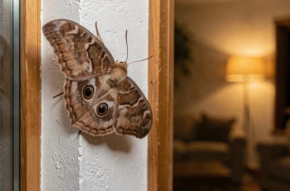 Papillon de nuit posé sur un mur blanc intérieur près d'une fenêtre en bois, ailes déployées révélant des motifs détaillés