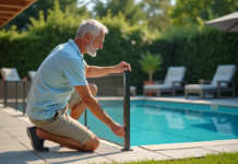 Sécurité piscine : solutions abordables pour protéger votre espace aquatique Pere en été fixe une cloture de piscine solide dans le jardin