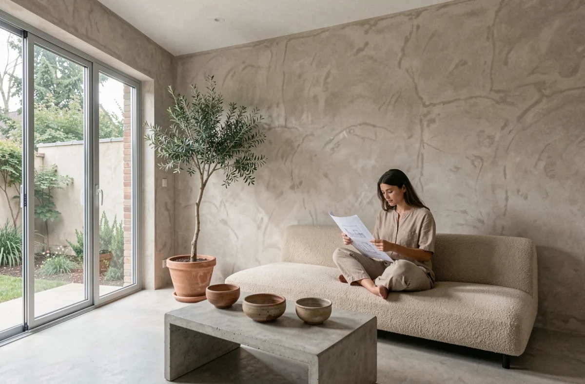 Espace de décoration minimaliste wabi-sabi de Pause Vincennes avec canapé en bouclé, béton et plantes naturelles
