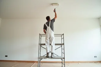 Peintre professionnel appliquant de la peinture blanche au rouleau sur un plafond de 50m2 dans un appartement vide