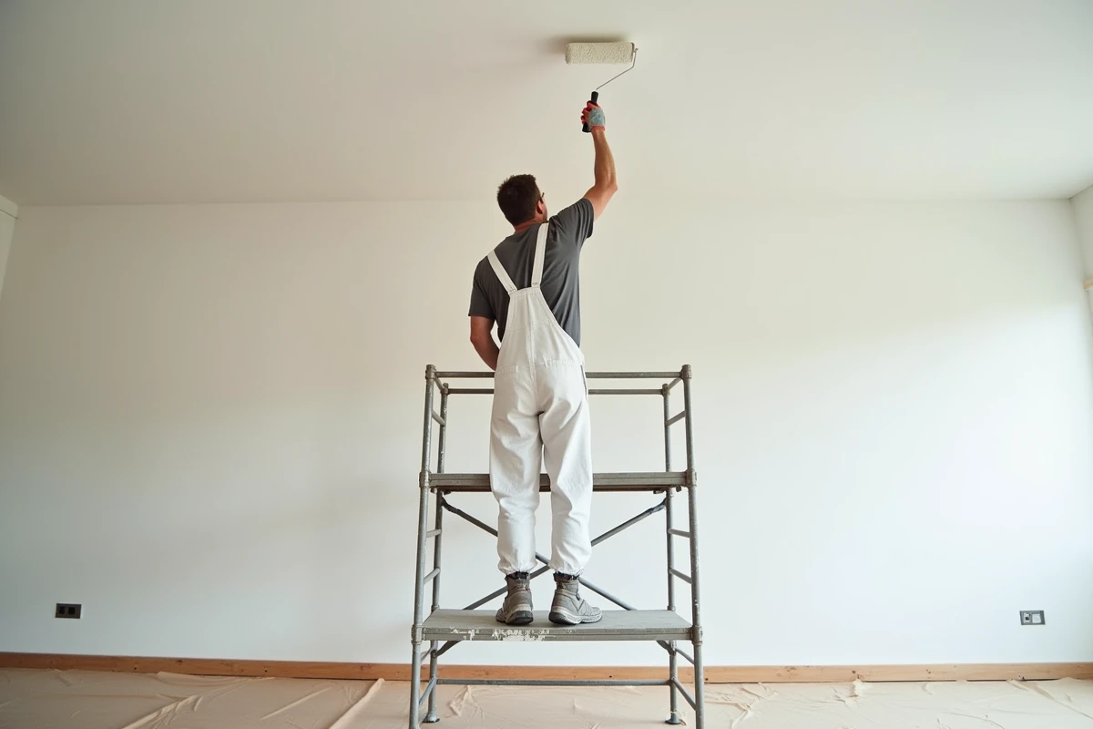 Peintre professionnel appliquant de la peinture blanche au rouleau sur un plafond de 50m2 dans un appartement vide