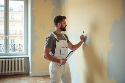 Peintre professionnel examinant un mur d'appartement fraîchement peint avec une fiche d'estimation en main