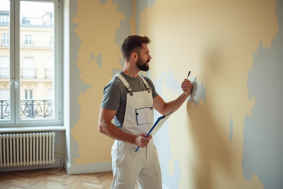 Peintre professionnel examinant un mur d'appartement fraîchement peint avec une fiche d'estimation en main