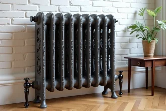 Pied réglable en fonte sous un radiateur ancien décoratif anthracite dans un appartement haussmannien rénové avec parquet en chêne