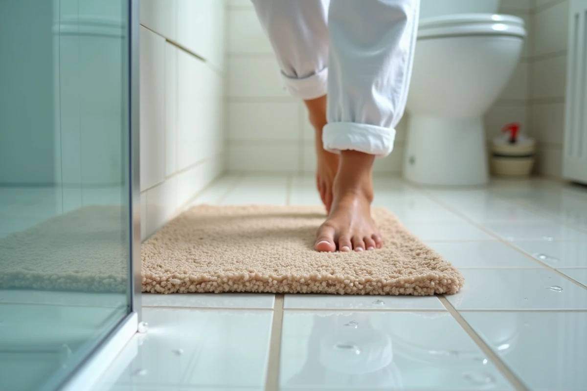 Pieds d'un voyageur posés sur un tapis antidérapant mouillé dans une salle de bains de location courte durée