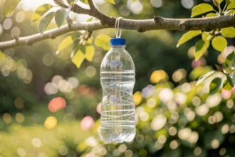 Piège à guêpes en bouteille accroché à une branche de jardin
