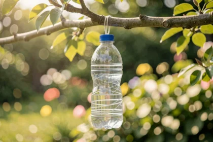 Piège à guêpes en bouteille accroché à une branche de jardin