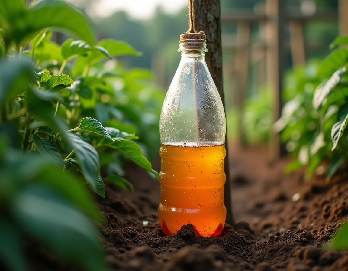 Piège à insectes écologique fabriqué à partir d'une bouteille recyclée suspendu dans un potager bio