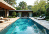 Piscine moderne dans un jardin avec travertin et transats