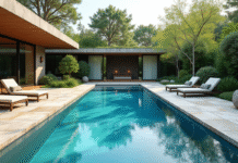 Piscine moderne dans un jardin avec travertin et transats