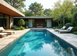 Meilleure pierre pour aménager : autour de la piscine, quel choix ? Piscine moderne dans un jardin avec travertin et transats