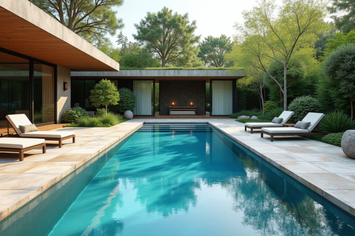 Piscine moderne dans un jardin avec travertin et transats