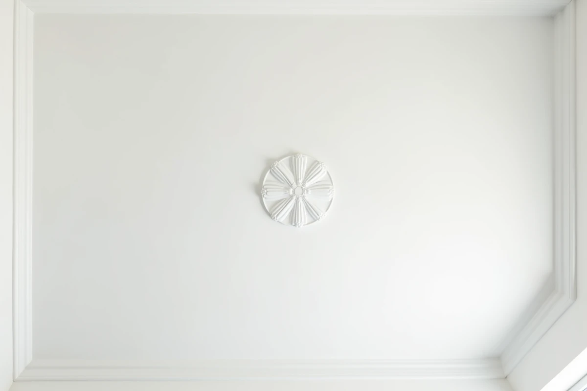 Plafond de 50m2 fraîchement peint en blanc dans un appartement rénové, vue de dessous après travaux de peinture