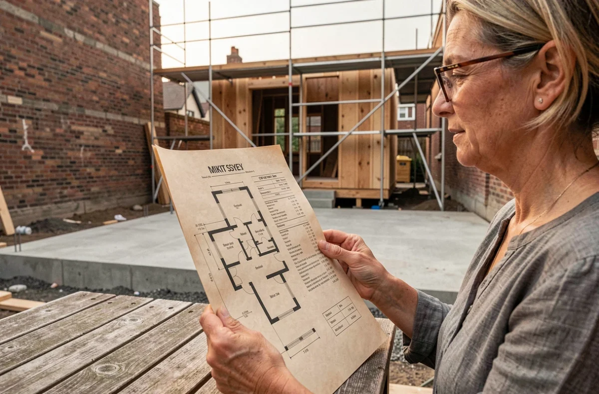 Femme consultant un plan de maison Mikit et une estimation de prix sur un chantier urbain en France