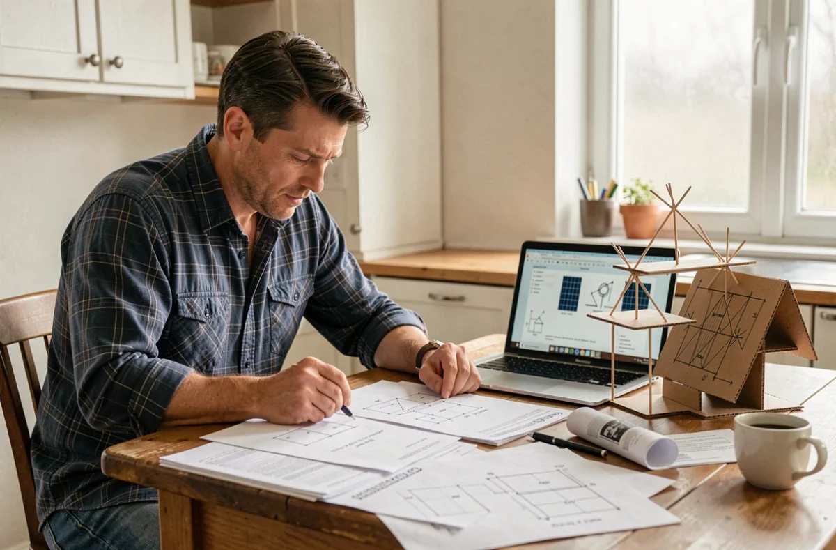 Homme planifiant la fabrication d'un support de panneau solaire avec des plans et documents techniques