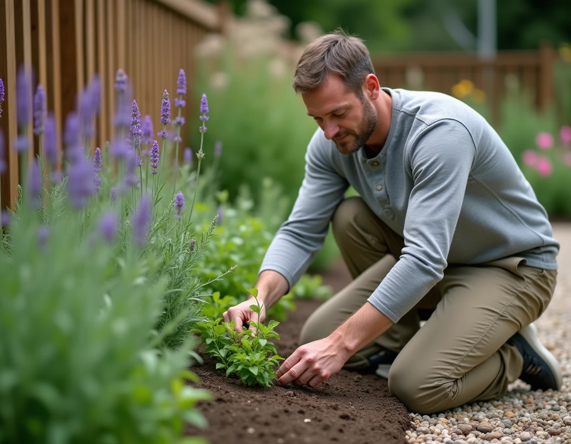 Homme plantant des herbes aromatiques répulsives comme lavande et basilic pour éloigner les insectes naturellement