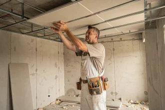 Plaquiste en train de poser des panneaux de faux plafond en plaque de plâtre dans une pièce en rénovation