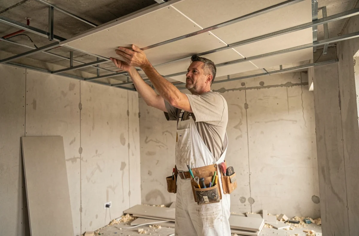 Plaquiste en train de poser des panneaux de faux plafond en plaque de plâtre dans une pièce en rénovation