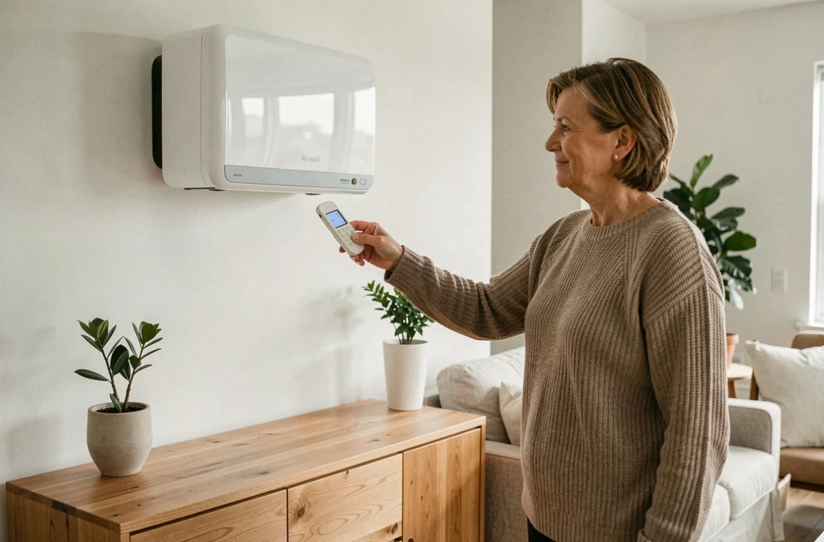 Femme utilisant une pompe à chaleur air air Airwell dans un salon moderne aux tons naturels