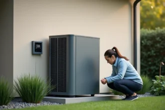 Femme inspectant une pompe à chaleur air eau extérieure de 11 kW installée sur fond de maison pavillonnaire